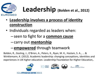 Leadership (Bolden et al., 2012)
• Leadership involves a process of identity
construction
• Individuals regarded as leaders when:
–seen to fight for a common cause
–carry out mentorship
–empowered through teamwork
Bolden, R., Gosling, J., O'Brien, A., Peters, K., Ryan, M. K., Haslam, S. A., ... &
Winklemann, K. (2012). Academic leadership: changing conceptions, identities and
experiences in UK higher education. Leadership Foundation for Higher Education,.
 