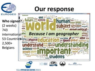 Our response
Because I am geographer
Who signed?
(2 weeks)
743
international
53 Countries
2,500+
Belgians
 