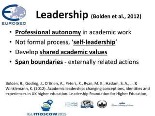 Leadership (Bolden et al., 2012)
• Professional autonomy in academic work
• Not formal process, ‘self-leadership’
• Develop shared academic values
• Span boundaries - externally related actions
Bolden, R., Gosling, J., O'Brien, A., Peters, K., Ryan, M. K., Haslam, S. A., ... &
Winklemann, K. (2012). Academic leadership: changing conceptions, identities and
experiences in UK higher education. Leadership Foundation for Higher Education,.
 