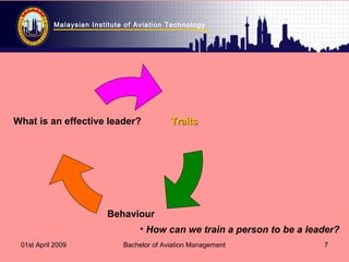 Malaysian Institute of Aviation Technology
01st April 2009 Bachelor of Aviation Management 7
TraitsTraits
Behaviour
What is an effective leader?
• How can we train a person to be a leader?
 