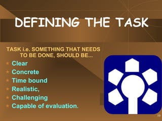 DEFINING THE TASK TASK i.e. SOMETHING THAT NEEDS TO BE DONE, SHOULD BE... Clear Concrete Time bound Realistic, Challenging Capable of evaluation . 