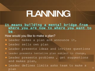 PLANNING It means building a mental bridge from where you are now to where you want to be  . How would you like to make a plan? Leader makes a plan and announce it, Leader sells own plan Leader presents ideas and invites questions Leader presents tentative plan subject to change , Leader presents problems , get suggestions and makes plan, Leader defines limits asks team to make a plan 