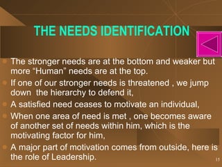 THE NEEDS IDENTIFICATION The stronger needs are at the bottom and weaker but more “Human” needs are at the top. If one of our stronger needs is threatened , we jump down  the hierarchy to defend it, A satisfied need ceases to motivate an individual, When one area of need is met , one becomes aware of another set of needs within him, which is the motivating factor for him, A major part of motivation comes from outside, here is the role of Leadership.  