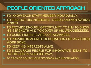 PEOPLE ORIENTED APPROACH TO  KNOW EACH STAFF MEMBER INDIVIDUALLY, TO FIND OUT HIS INTERESTS , NEEDS AND MOTIVATING POINTS. TO PROVIDE ENOUGH OPPORTUNITY TO HIM TO SHOW HIS STRENGTH AND TO COVER UP HIS WEAKNESSSES. TO GUIDE HIM IN HIS AREA OF WEAKNESS, TO PROVIDE IMMEDIATE RECOGNITION FOR ANY GOOD WORK DONE, TO KEEP HIS INTERESTS ALIVE, TO ENCOURAGE PEOPLE FOR INNOVATIVE  IDEAS  TO DO THE JOB IN A BETTER WAY, TO PROVIDE CONTINUOUS FEEDBACK AND INFORMATION . 