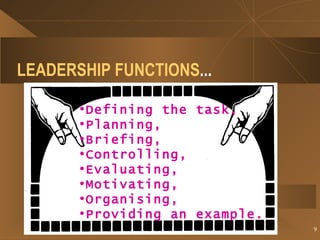 LEADERSHIP FUNCTIONS ... Defining the task, Planning, Briefing, Controlling, Evaluating, Motivating, Organising, Providing an example. 