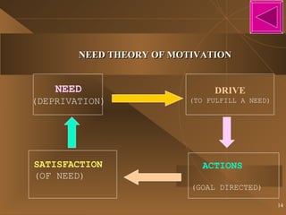 NEED THEORY OF MOTIVATION NEED (DEPRIVATION) DRIVE (TO FULFILL A NEED) ACTIONS (GOAL DIRECTED) SATISFACTION (OF NEED) 