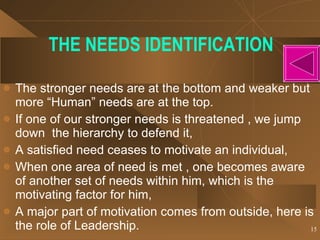 THE NEEDS IDENTIFICATION <ul><li>The stronger needs are at the bottom and weaker but more “Human” needs are at the top. </...