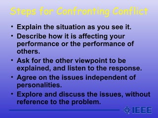 Steps for Confronting Conflict
• Explain the situation as you see it.
• Describe how it is affecting your
performance or t...