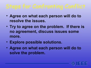 Steps for Confronting Conflict
• Agree on what each person will do to
resolve the issues.
• Try to agree on the problem. If there is
no agreement, discuss issues some
more.
• Explore possible solutions.
• Agree on what each person will do to
solve the problem.
 