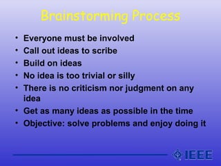 Brainstorming Process
• Everyone must be involved
• Call out ideas to scribe
• Build on ideas
• No idea is too trivial or silly
• There is no criticism nor judgment on any
idea
• Get as many ideas as possible in the time
• Objective: solve problems and enjoy doing it
 