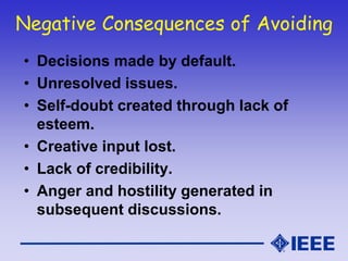 Negative Consequences of Avoiding
• Decisions made by default.
• Unresolved issues.
• Self-doubt created through lack of
e...