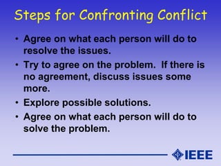 Steps for Confronting Conflict
• Agree on what each person will do to
resolve the issues.
• Try to agree on the problem. If there is
no agreement, discuss issues some
more.
• Explore possible solutions.
• Agree on what each person will do to
solve the problem.
 