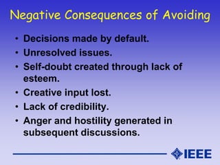 Negative Consequences of Avoiding
• Decisions made by default.
• Unresolved issues.
• Self-doubt created through lack of
esteem.
• Creative input lost.
• Lack of credibility.
• Anger and hostility generated in
subsequent discussions.
 