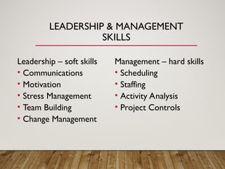 LEADERSHIP & MANAGEMENT
SKILLS
Leadership – soft skills
• Communications
• Motivation
• Stress Management
• Team Building
• Change Management
Management – hard skills
• Scheduling
• Staffing
• Activity Analysis
• Project Controls
 