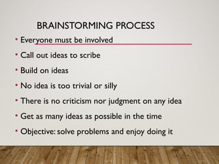 BRAINSTORMING PROCESS
• Everyone must be involved
• Call out ideas to scribe
• Build on ideas
• No idea is too trivial or silly
• There is no criticism nor judgment on any idea
• Get as many ideas as possible in the time
• Objective: solve problems and enjoy doing it
 