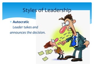 Styles of Leadership 
 Autocratic 
Leader takes and 
announces the decision. 
 