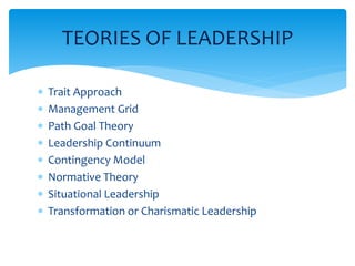 TEORIES OF LEADERSHIP 
 Trait Approach 
 Management Grid 
 Path Goal Theory 
 Leadership Continuum 
 Contingency Model 
 Normative Theory 
 Situational Leadership 
 Transformation or Charismatic Leadership 
 
