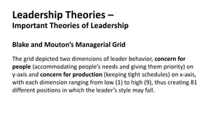 Leadership Theories –
Important Theories of Leadership
Blake and Mouton’s Managerial Grid
The grid depicted two dimensions of leader behavior, concern for
people (accommodating people’s needs and giving them priority) on
y-axis and concern for production (keeping tight schedules) on x-axis,
with each dimension ranging from low (1) to high (9), thus creating 81
different positions in which the leader’s style may fall.
 
