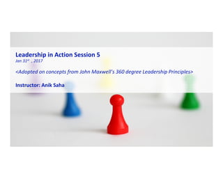 Leadership in Action Session 5
Jan 31st , 2017
<Adopted on concepts from John Maxwell’s 360 degree Leadership Principles>
Instructor: Anik Saha
 