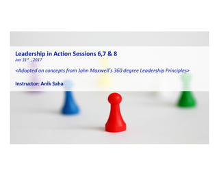 Leadership in Action Sessions 6,7 & 8
Jan 31st , 2017
<Adopted on concepts from John Maxwell’s 360 degree Leadership Principles>
Instructor: Anik Saha
 