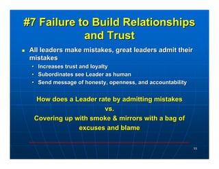 #7 Failure to Build Relationships
            and Trust
 All leaders make mistakes, great leaders admit their
 mistakes
 •...