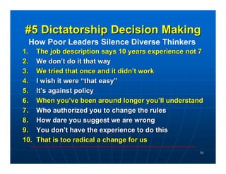 #5 Dictatorship Decision Making
 How Poor Leaders Silence Diverse Thinkers
1.    The job description says 10 years experie...