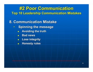 #2 Poor Communication
 Top 10 Leadership Communication Mistakes

8. Communication Mistake
  •   Spinning the message
     ...