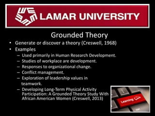 Grounded Theory
• Generate or discover a theory (Creswell, 1968)
• Examples
– Used primarily in Human Research Development.
– Studies of workplace are development.
– Responses to organizational change.
– Conflict management.
– Exploration of leadership values in
teamwork.
– Developing Long-Term Physical Activity
Participation: A Grounded Theory Study With
African American Women (Creswell, 2013)
 