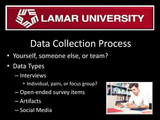 Data Collection Process
• Yourself, someone else, or team?
• Data Types
– Interviews
• Individual, pairs, or focus group?
– Open-ended survey items
– Artifacts
– Social Media
 
