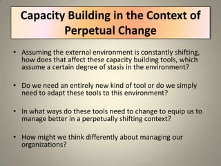 Scenario PlanningOrient:clarify the issue understand the organization surface assumptions about key challengesExplore:Research on external forces affecting the challengeSynthesize:Creation of scenarios based on external research findingsWrite narratives of scenariosAct:Design actions based on the scenariosMonitor:Track shifts in the environment and adjust strategy accordingly