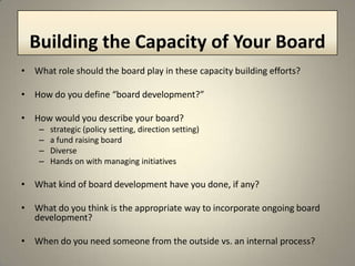 Diagnostic ToolsLifecycle Phase (Susan Kenney Stevens)Typical characteristics of each suggested interventions McKinsey Capacity AssessmentUsed to identify areas of capacity that need improvementGood to Great Diagnostic Tool (Jim Collins)