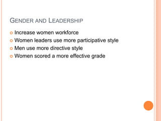 Gender and LeadershipIncrease women workforceWomen leaders use more participative styleMen use more directive styleWomen scored a more effective grade