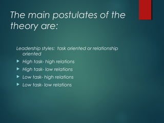 The main postulates of the
theory are:
Leadership styles: task oriented or relationship
oriented
 High task- high relations
 High task- low relations
 Low task- high relations
 Low task- low relations
 