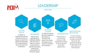 LEADERSHIP
FUNCTIONS
ORGANIZING
SETTING
GOALS
INITIATING
ACTION DIRECTION AND
MOTIVATION
A leader is
expected to perform
creative function of
laying out goals and
policies to persuade
the subordinates to
work with zeal and
confidence.
Assign roles
appropriate to
individual abilities
with the view to
make its various
components to
operate sensitively
towards the
achievement of
enterprise goals.
An effective leader
take the initiative in
all matters of
interest to the
group. He should
not depend upon
others for decision
and judgment.
A leader has to
reconcile the
interests of the
individual members
of the group with
that of the
organization.
It is the primary
function of a leader
to guide and direct
his group and
motivate people to
do their best in the
achievement of
desired goals.
COORDINATION
 