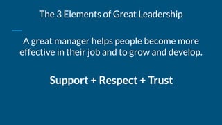 The 3 Elements of Great Leadership
A great manager helps people become more
effective in their job and to grow and develop.
Support + Respect + Trust
 