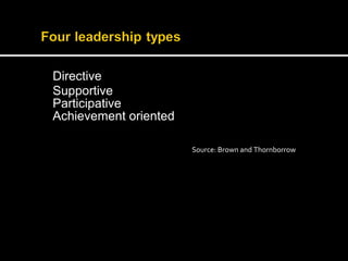 Directive 
Supportive 
Participative 
Achievement oriented 
Source: Brown and Thornborrow 
 