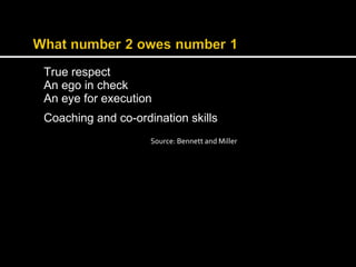 True respect 
An ego in check 
An eye for execution 
Coaching and co-ordination skills 
Source: Bennett and Miller 
 