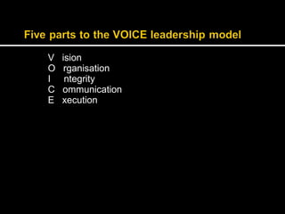 V ision 
O rganisation 
I ntegrity 
C ommunication 
E xecution 
 