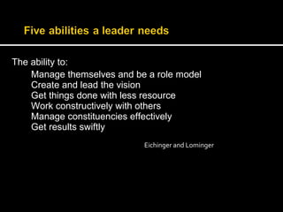 The ability to: 
Manage themselves and be a role model 
Create and lead the vision 
Get things done with less resource 
Work constructively with others 
Manage constituencies effectively 
Get results swiftly 
Eichinger and Lominger 
 
