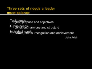 T a-s gko nael,e pdusr p ose and objectives 
G r-o cuoph neesieodns, harmony and structure 
I n d- ipvoidwuearl, nsetaetduss, recognition and achievement 
John Adair 
 