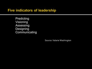 Predicting 
Visioning 
Assessing 
Designing 
Communicating 
Source: Valarie Washington 
 