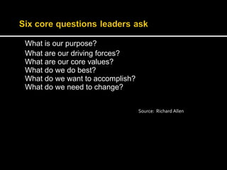 What is our purpose? 
What are our driving forces? 
What are our core values? 
What do we do best? 
What do we want to accomplish? 
What do we need to change? 
Source: Richard Allen 
 