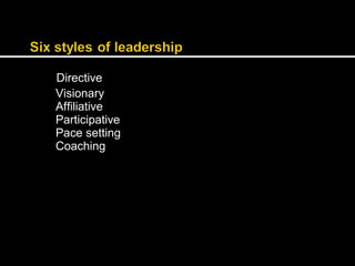 Directive 
Visionary 
Affiliative 
Participative 
Pace setting 
Coaching 
 