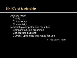 Leaders need: 
Clarity 
Consistency 
Connectivity 
Leadership competencies must be: 
Complicated, but organised 
Conceptual, but real 
Current, up to date and ready for use 
Source: Douglas Ready 
 
