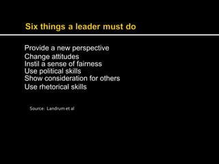 Provide a new perspective 
Change attitudes 
Instil a sense of fairness 
Use political skills 
Show consideration for others 
Use rhetorical skills 
Source: Landrum et al 
 