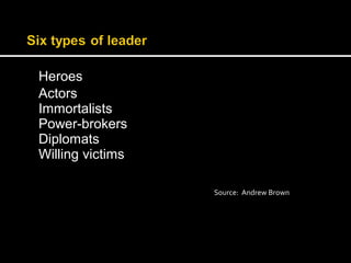 Heroes 
Actors 
Immortalists 
Power-brokers 
Diplomats 
Willing victims 
Source: Andrew Brown 
 