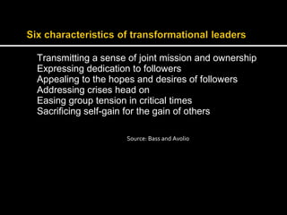 Transmitting a sense of joint mission and ownership 
Expressing dedication to followers 
Appealing to the hopes and desires of followers 
Addressing crises head on 
Easing group tension in critical times 
Sacrificing self-gain for the gain of others 
Source: Bass and Avolio 
 