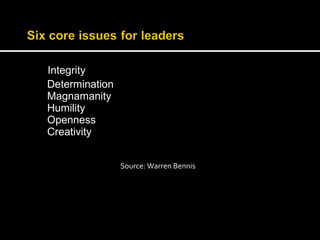 Integrity 
Determination 
Magnamanity 
Humility 
Openness 
Creativity 
Source: Warren Bennis 
 