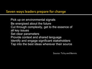 Pick up on environmental signals 
Be energised about the future 
Cut through complexity, get to the essence of 
all key issues 
Set clear parameters 
Provide context and shared language 
Identify and engage significant stakeholders 
Tap into the best ideas wherever their source 
Source: Tichy and Bennis 
 