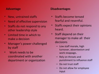 Advantage
• New, untrained staffs
• Need of effective supervision
• Staffs do not respond to any
other leadership style
• Limited time in which to
make a decision
• Manager’s power challenged
by staff
• Work needs to be
coordinated with another
department or organization
Disadvantages
• Staffs become tensed
fearful and resentful.
• Staffs expect their opinions
heard.
• Staff depend on their
manager to make all their
decisions
– Low staff morale, high
turnover, absenteeism and
work stoppage.
– Rely on threats and
punishment to influence staff
– Do not trust staff
– Do not allow for employee
input
 